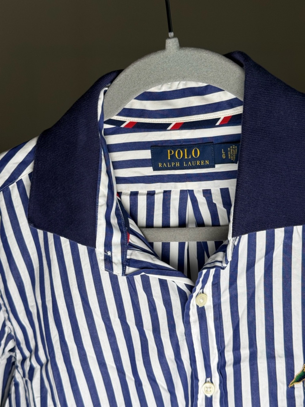 Polo by Ralph Lauren Navy & White Striped Shirt with Solid Navy Collar - Picture 2 of 4